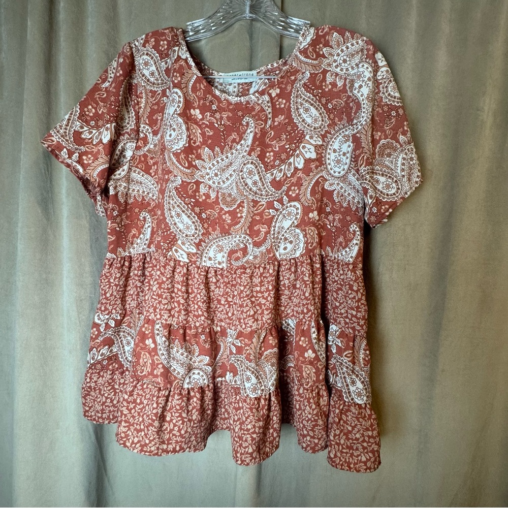 Anthropologie‎ Paper Crane Rust Paisley Ruffle-Tiered Babydoll Top Large Boho